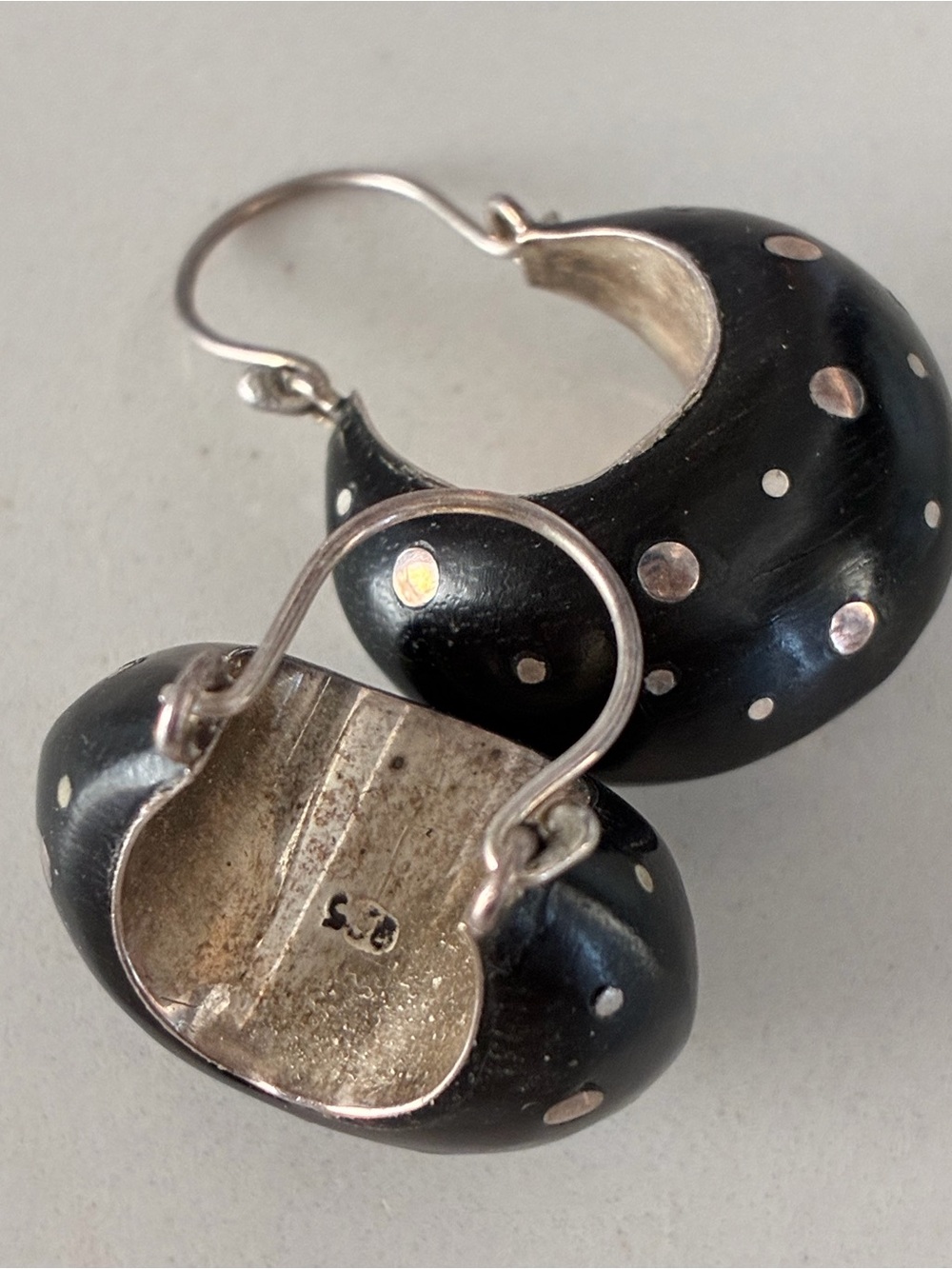 Black Polka Dot Crescent Hoop Sterling Silver Earrings